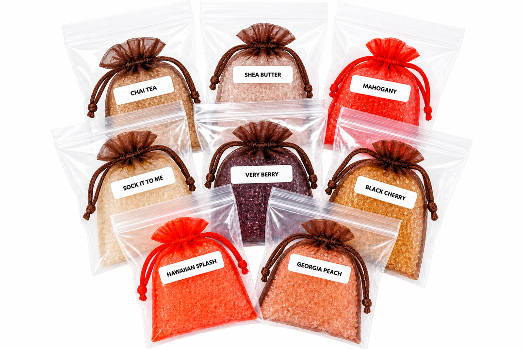 Assorted Simply Scents scented aroma sachets in multiple fragrances on white background